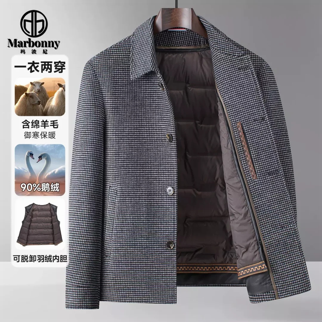12873587.【绵羊毛&鹅绒内胆可脱卸】一衣两穿保暖羽绒夹克男士羊毛夹克男