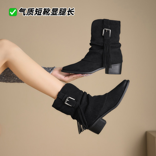 12874458.西部牛仔靴女士秋冬款单靴复古流苏美拉德裤管靴尖头显瘦女靴子