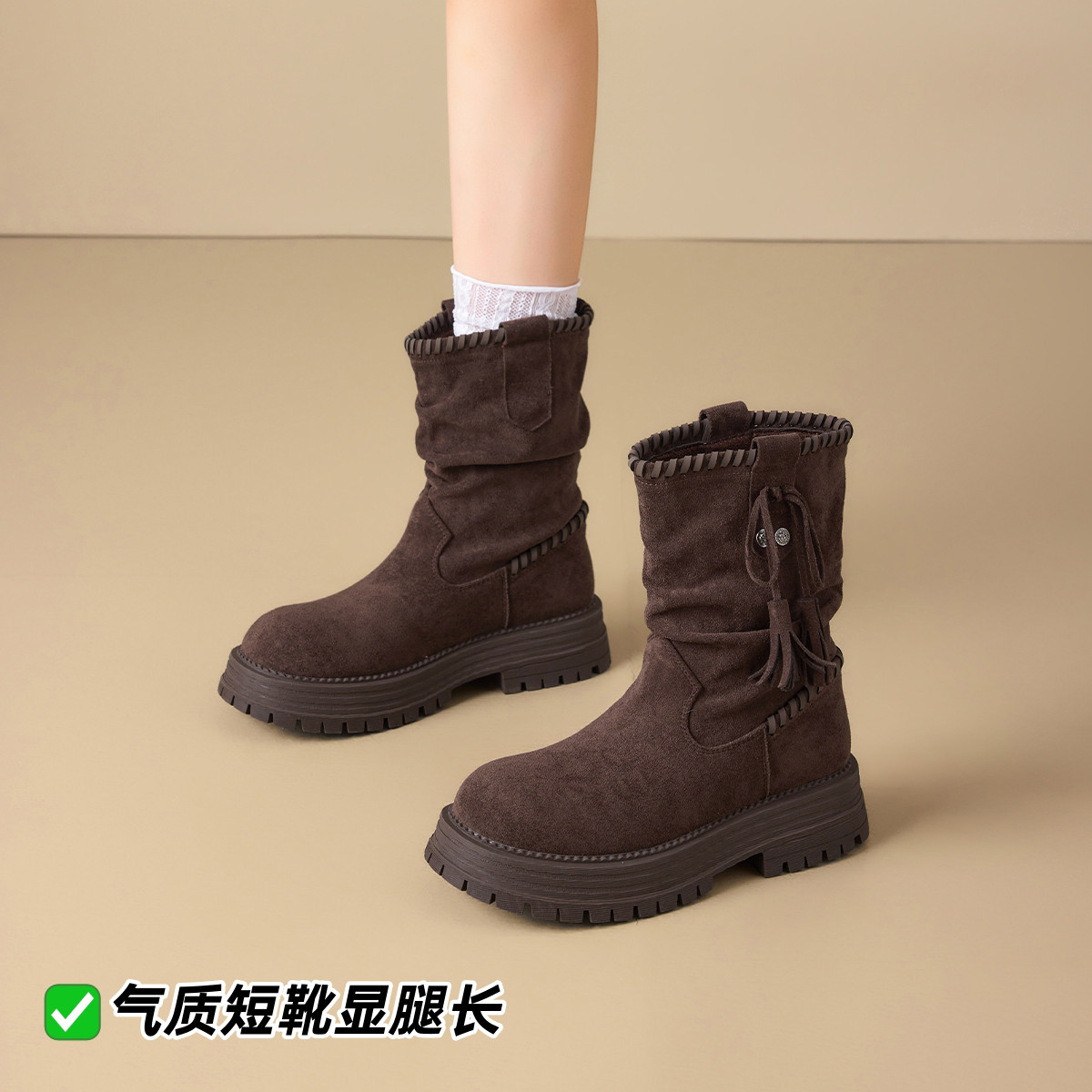 12874481.马丁靴女秋冬单里轻便褶皱堆堆靴百搭复古风短靴厚底女靴子瘦瘦靴