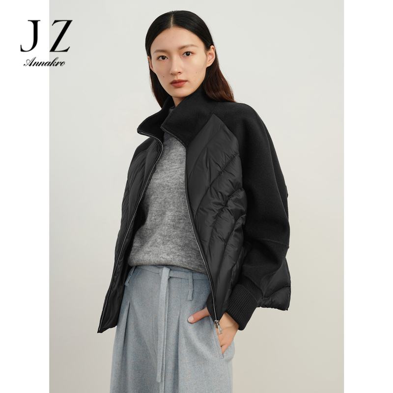 12881901.商场同款JZ玖姿宽松菱格立领拼接羽绒大衣女冬新款JWDD72305