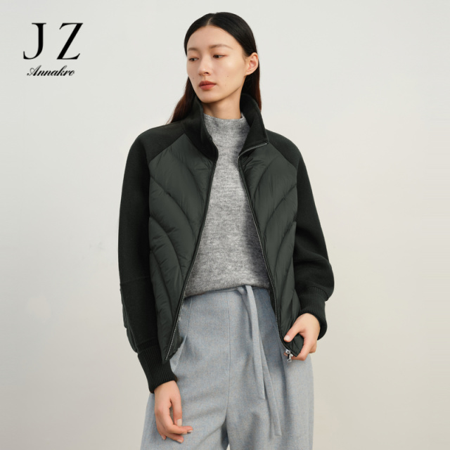 12881901.商场同款JZ玖姿宽松菱格立领拼接羽绒大衣女冬新款JWDD72305