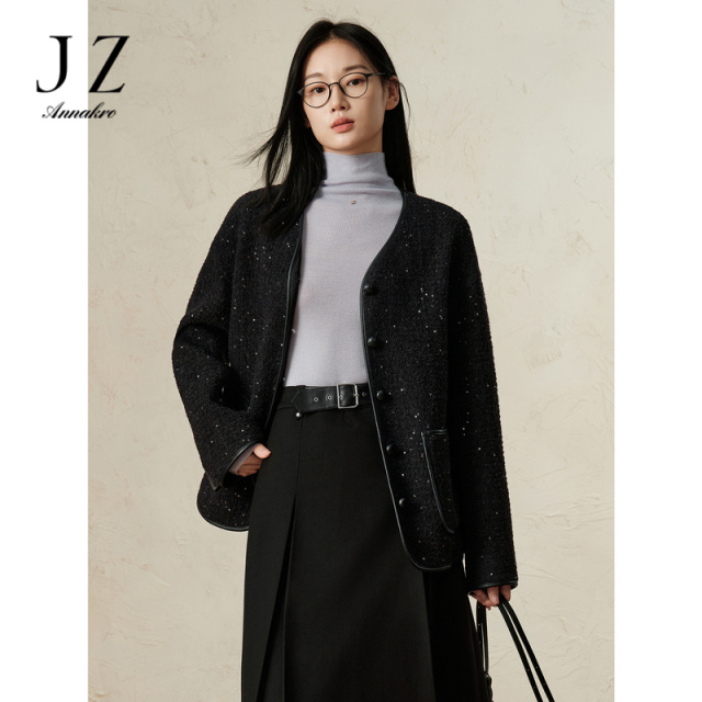 12882328.玖姿安娜蔻优雅淑女小香风黑色羊毛外套女冬季新款