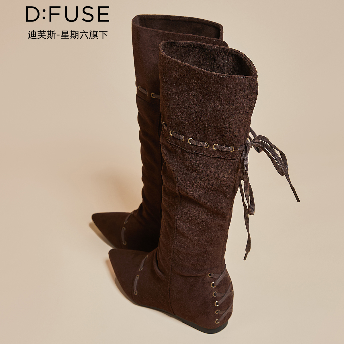 12885128.【墨斯本&D:Fuse/迪芙斯联名款复古尖头新款堆堆靴不过膝长靴系带显瘦西部女款靴DFD411629I