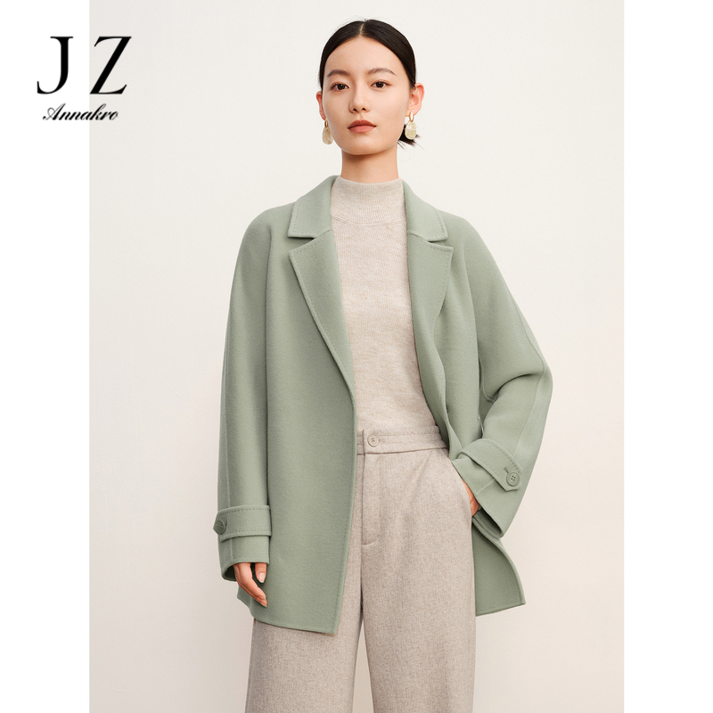 12888825.玖姿安娜蔻简约大气系带显瘦落肩双面呢一手长大衣女冬季新款