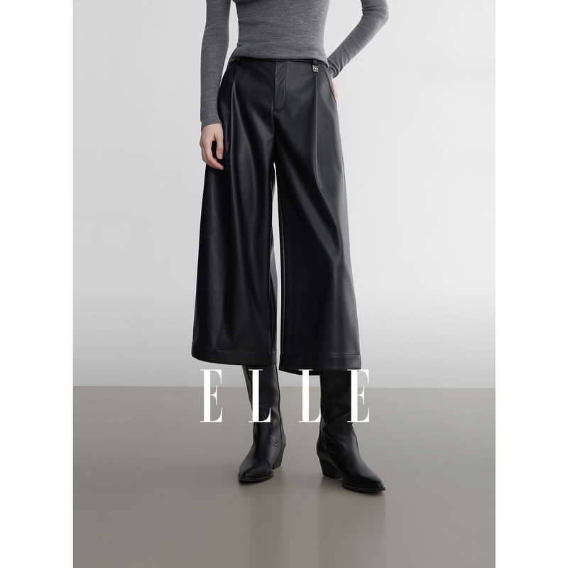 12887581.ELLE街潮酷girl八分裤摩登通勤风褶皱设计皮裤