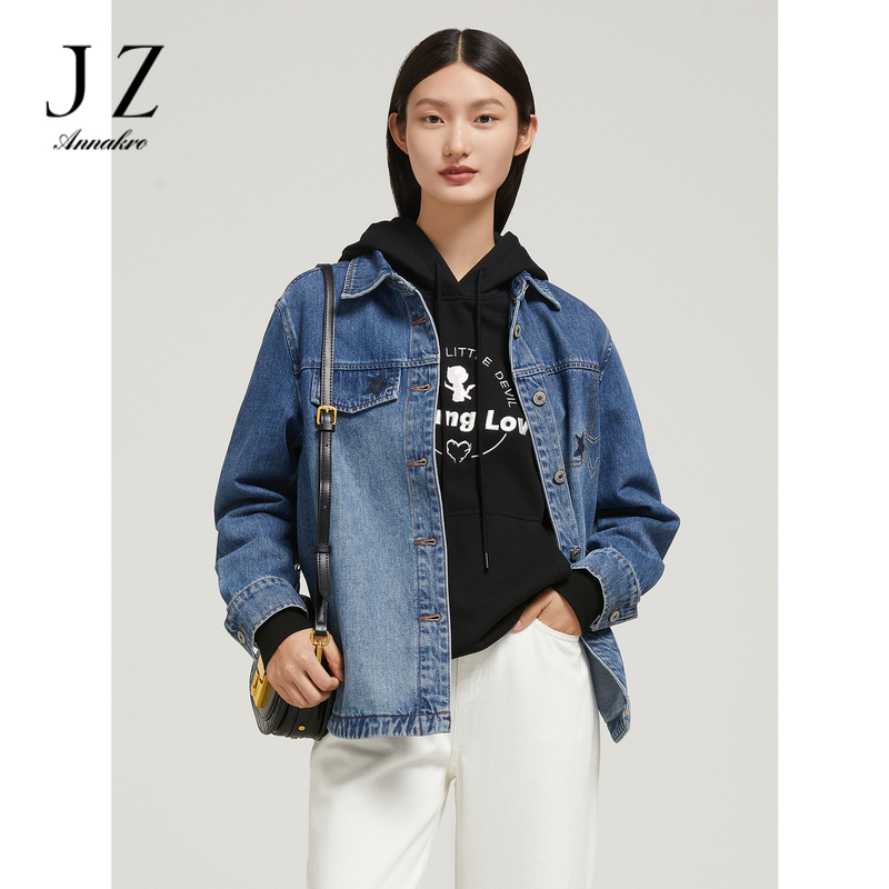 12888512.玖姿安娜蔻动感活力星星烫钻宽松牛仔丹宁休闲外套女冬季新款