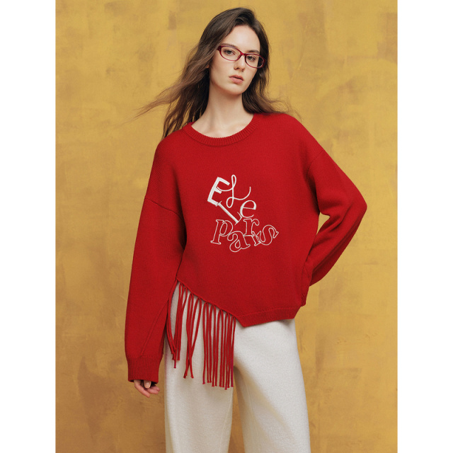 12886658.ELLE【新春翻红】文艺休闲绣花工艺下摆流苏毛衣女