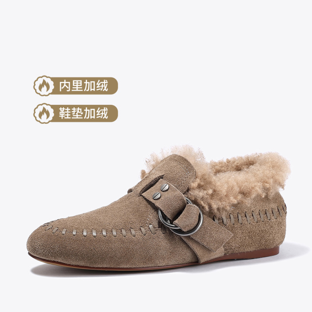12885557.BellaLily2025冬新款百搭懒人一脚蹬毛毛鞋皮带扣单鞋牛皮乐福鞋