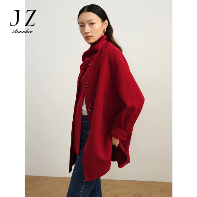 12888666.玖姿安娜蔻单排扣皮袢圆领落肩羊毛中长大衣女冬季新款
