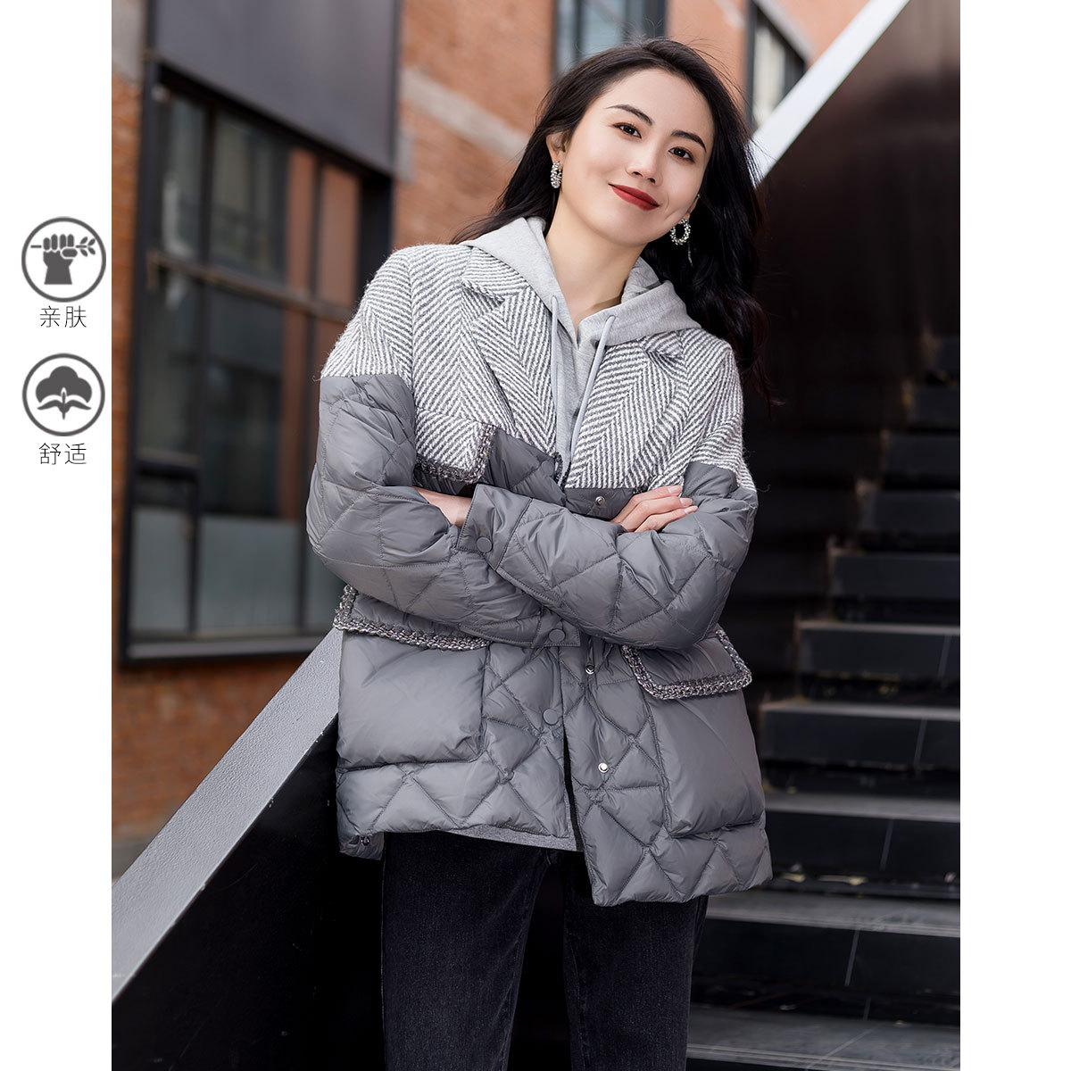12948737.【专柜新品】【毛呢拼接羽绒服】冬季时尚百搭加绒加厚外套