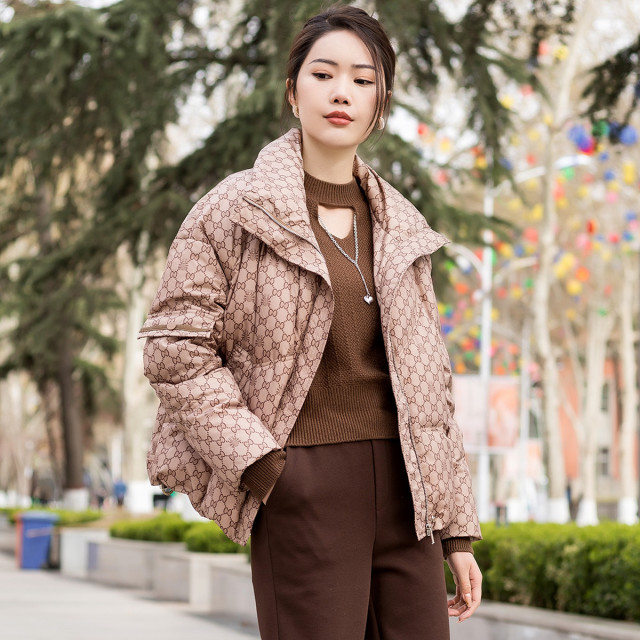 12948765.【棉服】冬季时尚立领短款加绒加厚印花女式外套