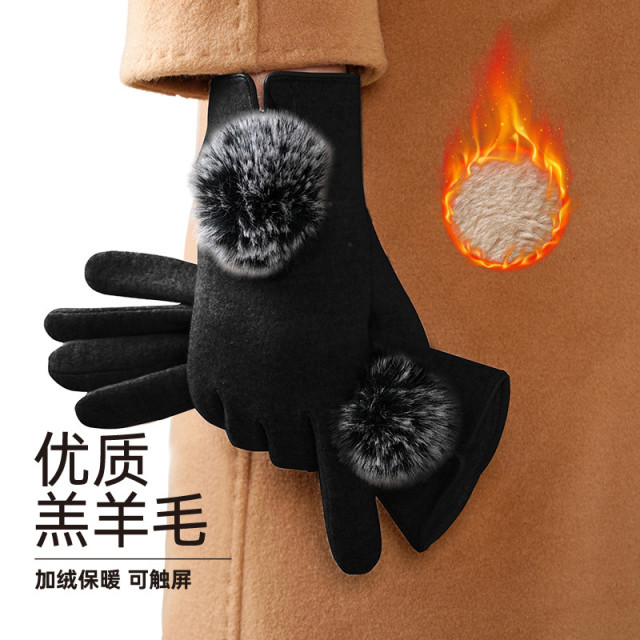 12944384.红豆羊毛分指手套冬季女加厚可触屏保暖骑车手套百搭防风防寒手套女