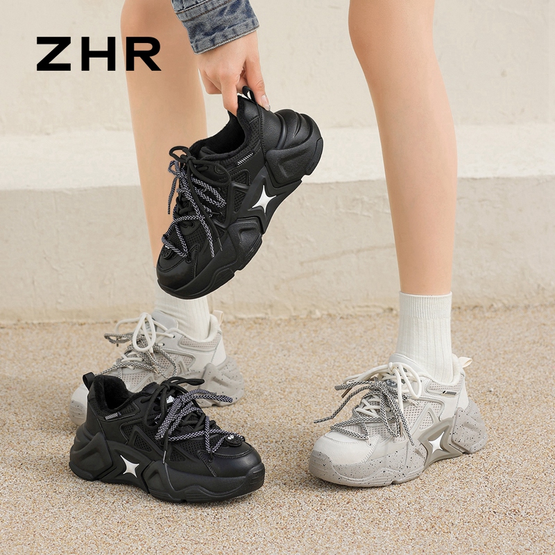 12899976.【ZHR则则】老爹鞋圆头系带厚底女鞋[网布+KPU+PU]