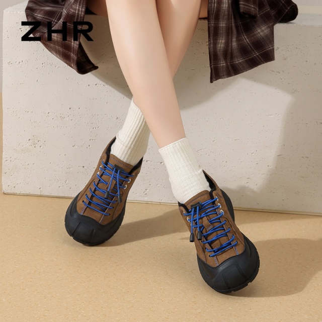 12899332.【ZHR则则】户外休闲鞋圆头扣带搭扣厚底女鞋[牛纤绒+网布+PU]