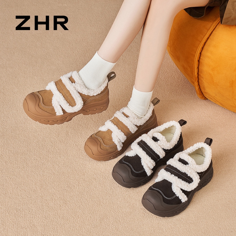 12899284.【ZHR则则】户外休闲鞋圆头魔术贴平底女鞋[牛纤绒+仿羊羔毛]