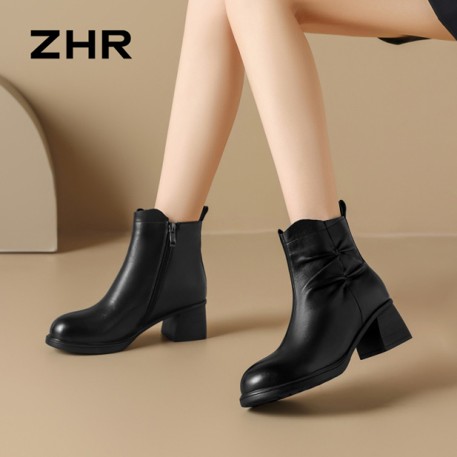 13794990.【ZHR则则】妈妈靴子圆头侧拉链短绒粗跟女鞋[头层牛皮]