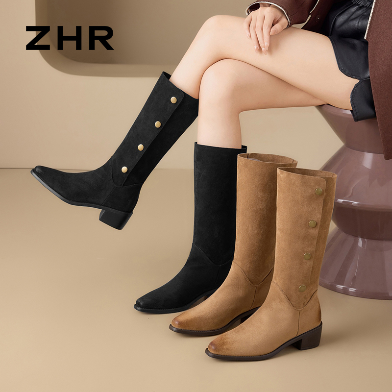 12900287.【ZHR则则】长筒靴尖头套脚粗跟女鞋[羊京绒]
