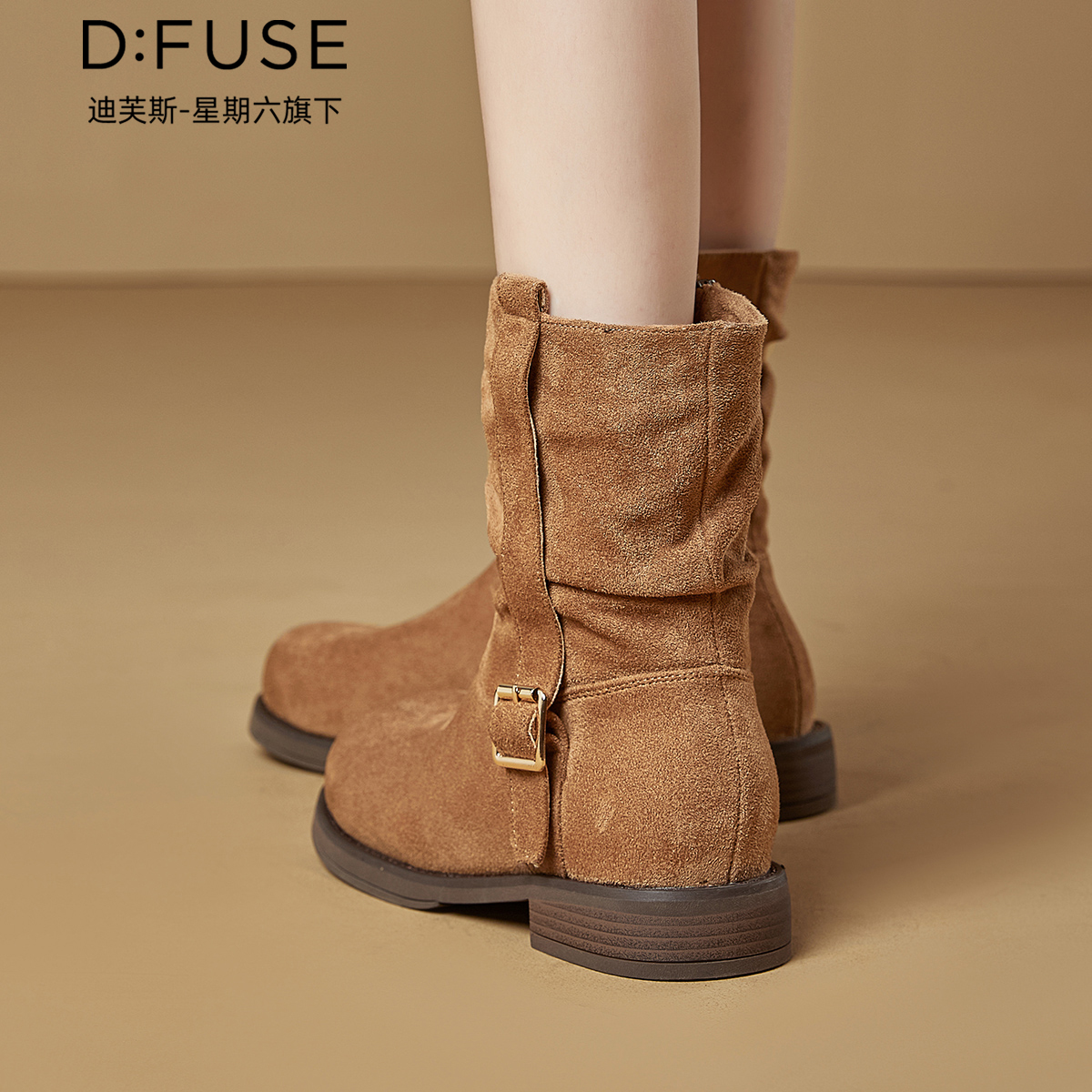 12904969.【墨斯本&D:Fuse/迪芙斯联名款】新款小众复古拉链厚底粗跟短靴韩系气质堆堆靴女靴DFD411645I