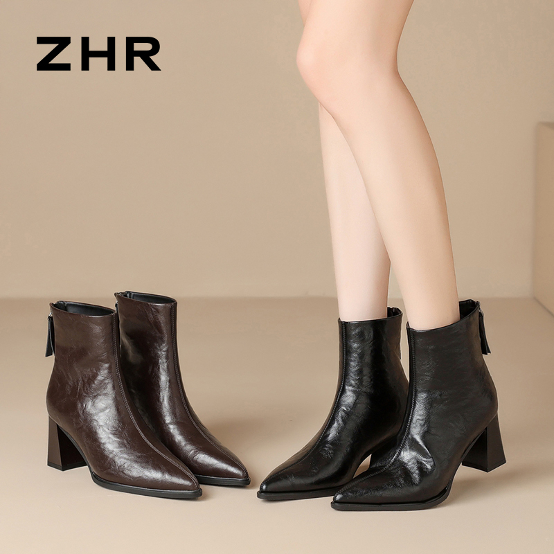 12900297.【ZHR则则】短靴尖头后拉链粗跟女鞋[PU]