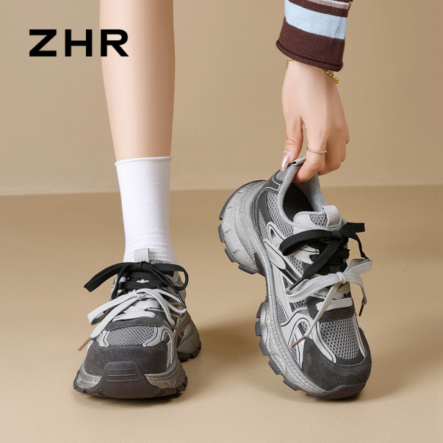 12899318.【ZHR则则】老爹鞋圆头系带厚底女鞋[超纤+网布+头层猪皮]