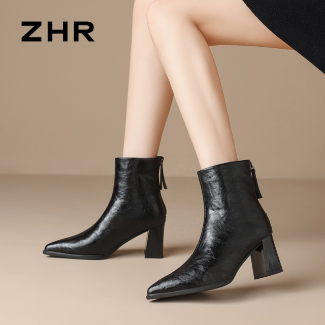 12900297.【ZHR则则】短靴尖头后拉链粗跟女鞋[PU]