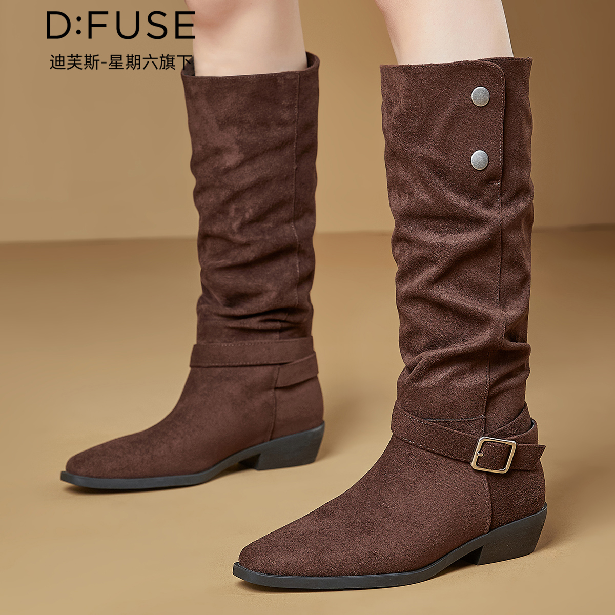 12927128.【墨斯本&D:Fuse/迪芙斯联名款】复古英伦西部女靴厚底舒适百搭高筒褶皱堆堆靴骑士女靴DFD411649I