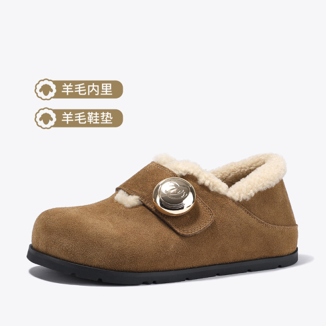 12933074.BellaLily2025冬季新款羊毛加绒全包勃肯鞋女保暖牛皮乐福鞋棉鞋