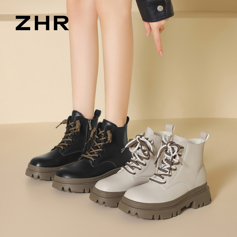 12934007.【ZHR则则】马丁靴圆头侧拉链厚底女鞋[PU+牛剖层移膜革]