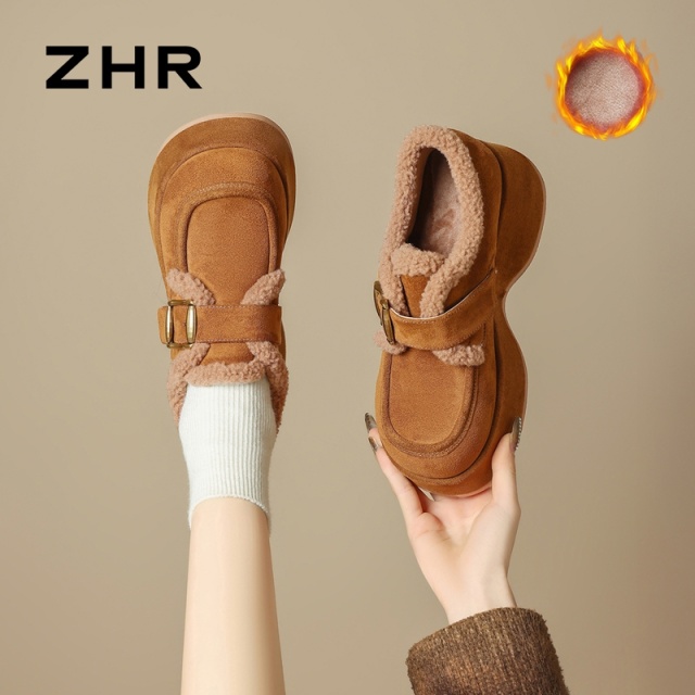 13794872.【ZHR则则】英伦单鞋圆头魔术贴厚底女鞋[绒布+仿羊羔毛]