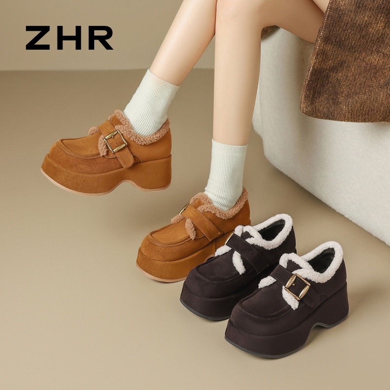 13794872.【ZHR则则】英伦单鞋圆头魔术贴厚底女鞋[绒布+仿羊羔毛]
