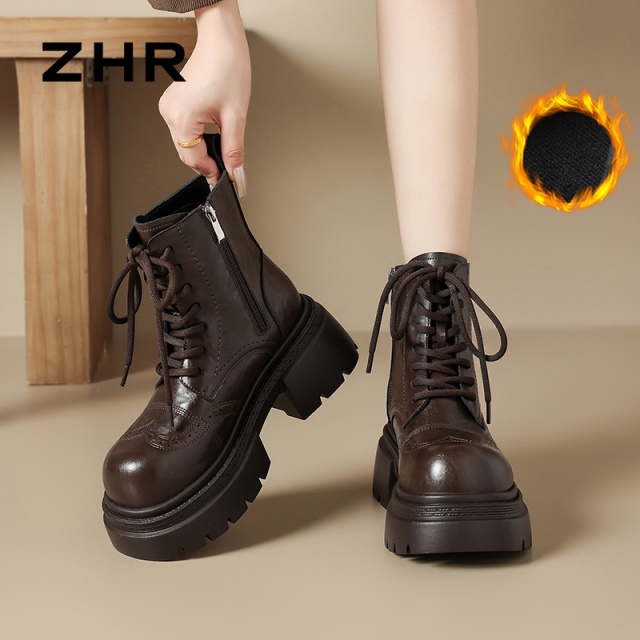 13794877.【ZHR则则】马丁靴圆头侧拉链系带厚底女鞋[PU]