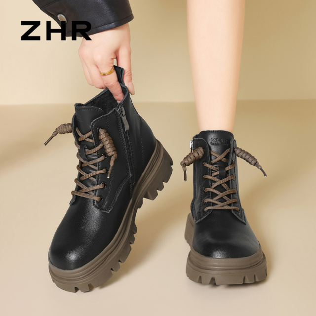 12934007.【ZHR则则】马丁靴圆头侧拉链厚底女鞋[PU+牛剖层移膜革]