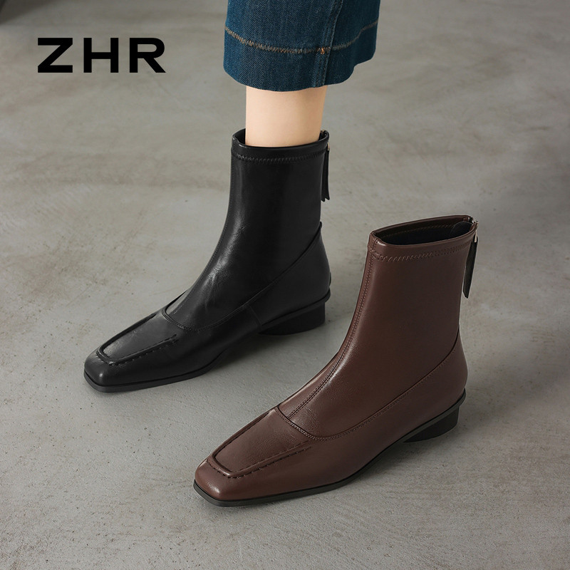 13794869.【ZHR则则】短靴方头后拉链短绒粗跟女鞋[PU]