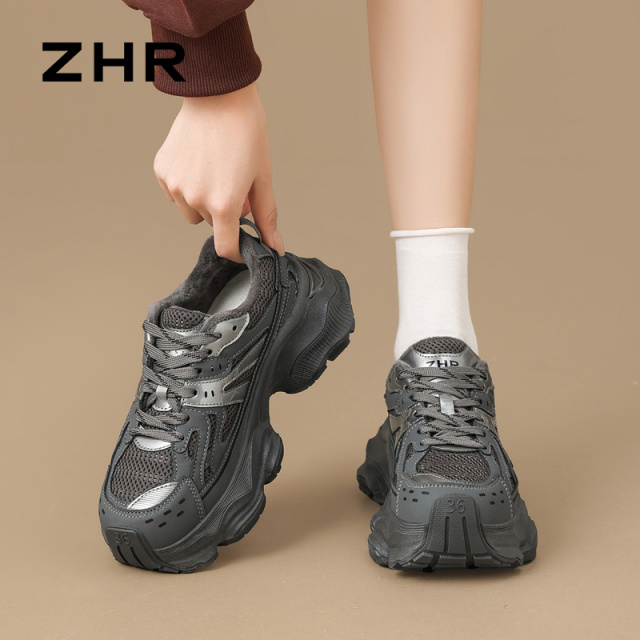 12934041.【ZHR则则】老爹鞋圆头系带厚底女鞋[PU+网布]
