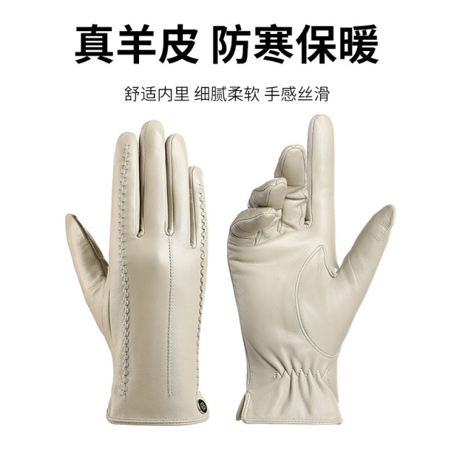 13137226.红豆【羊皮皮】手套女秋冬季保暖加绒时尚骑行防风防寒真皮手套加厚