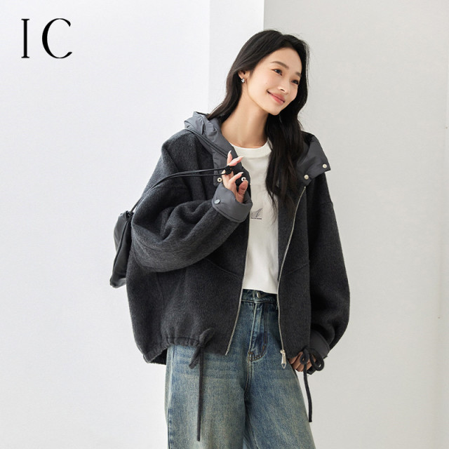 12940568.【100绵羊毛】宽松连帽设计羊毛双面呢外套女通勤宽松呢大衣