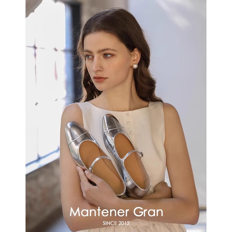 12941842.MG.单鞋Mantener Gran复古尖头银色玛丽珍鞋女气质法式浅口真皮一字带单鞋