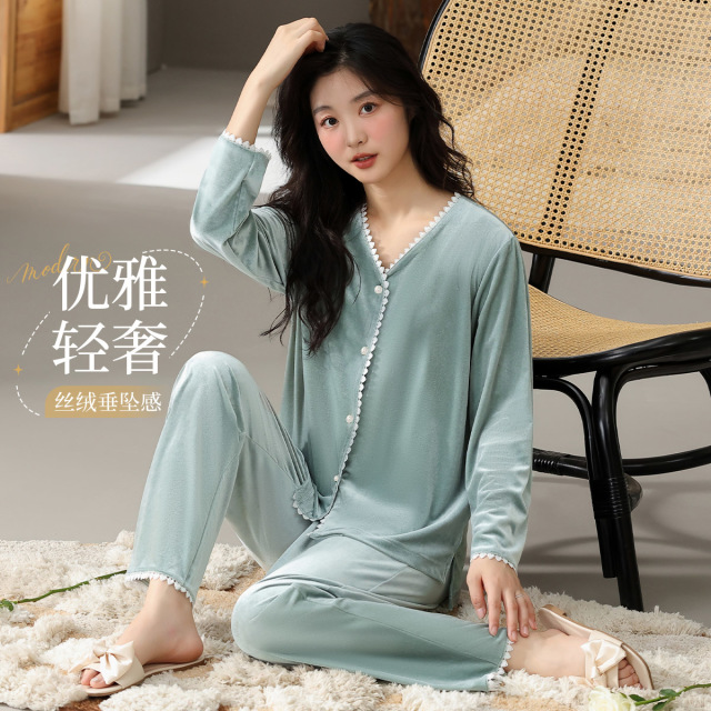 13206021.【轻奢丝绒】猫人女款长袖开衫家居套(M女金边丝绒套)