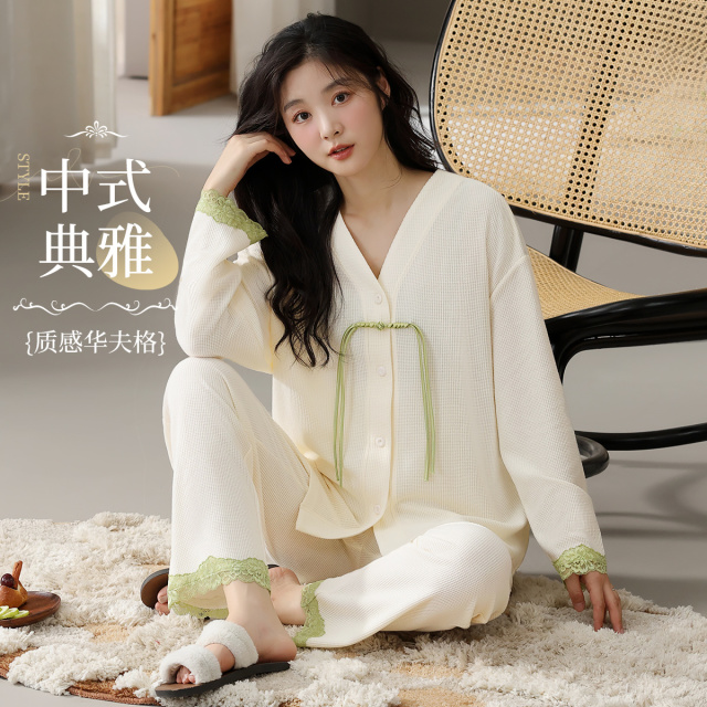 13204984.【亲肤细腻】猫人女款长袖开衫家居套(M女华夫格国风套)