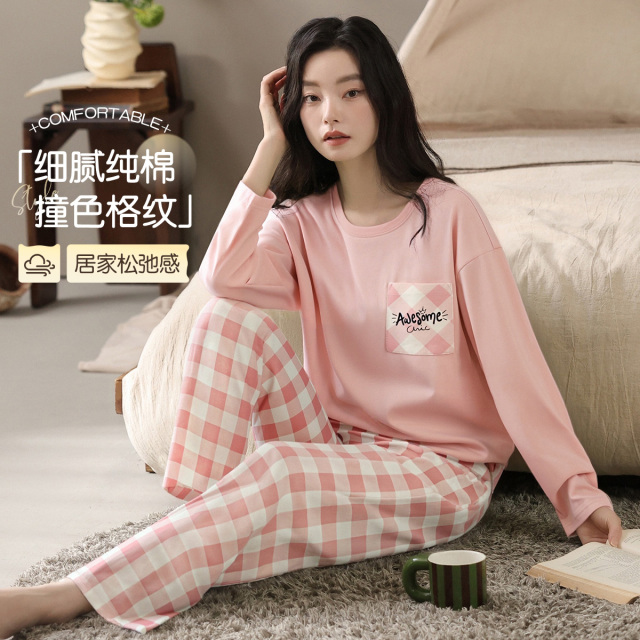 12945710.【100%棉】猫人女款长袖套头家居套(M经典大格纹长袖套头)