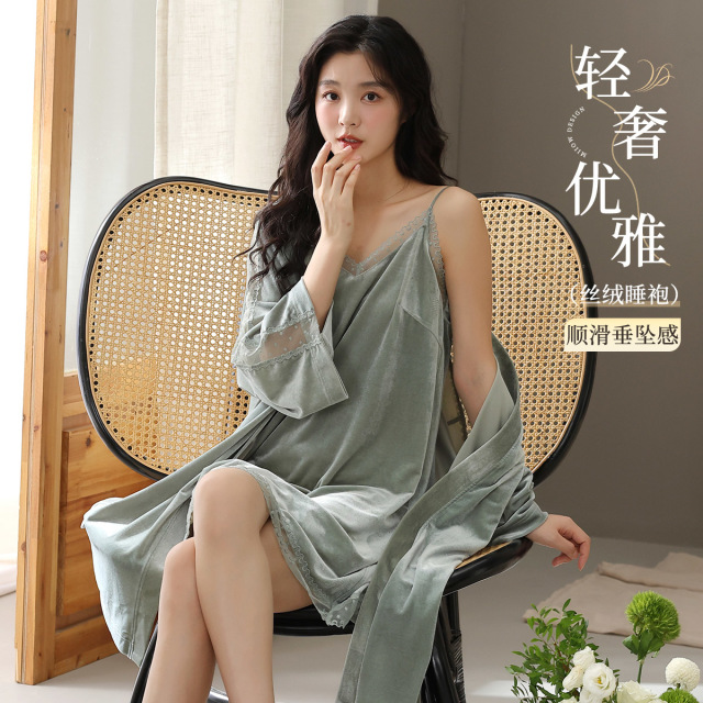 13205144.【丝绒2件套】猫人女款长袖睡袍家居服套装(M镂空丝绒睡袍套)