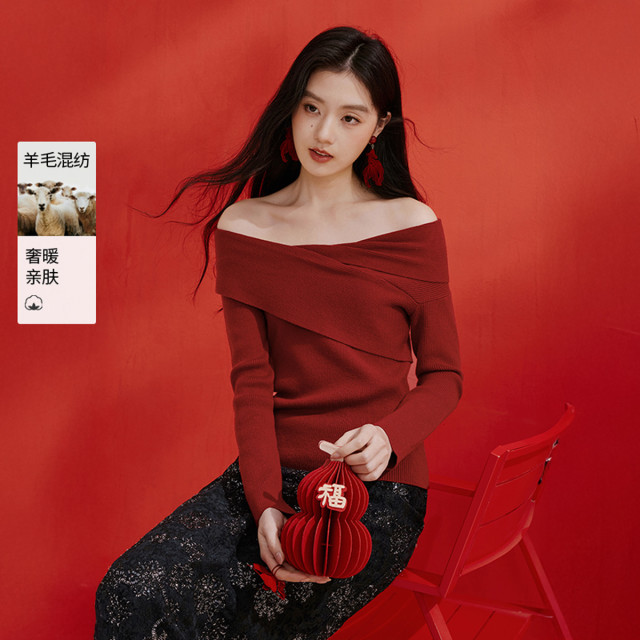 12959800.2026春装新年战袍一字领毛衣女修身显瘦露肩针织上衣