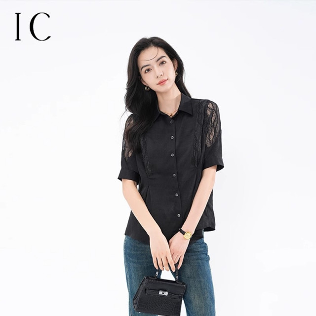 12949623.拼接蕾丝翻领衬衫上衣女收腰休闲舒适显瘦短袖衬衣2024新款夏季