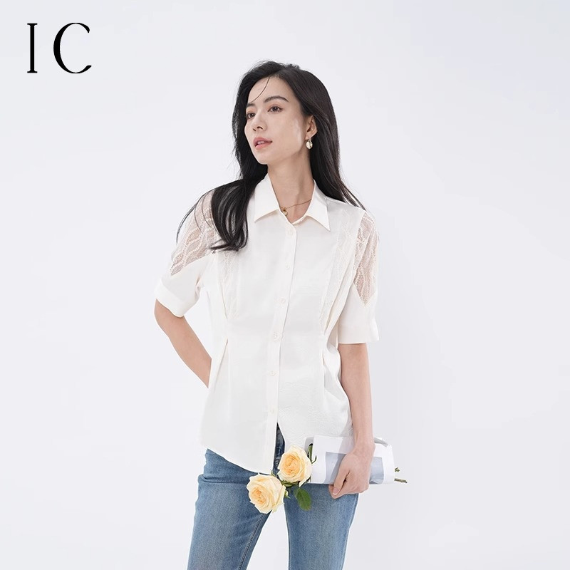 12949623.拼接蕾丝翻领衬衫上衣女收腰休闲舒适显瘦短袖衬衣2024新款夏季