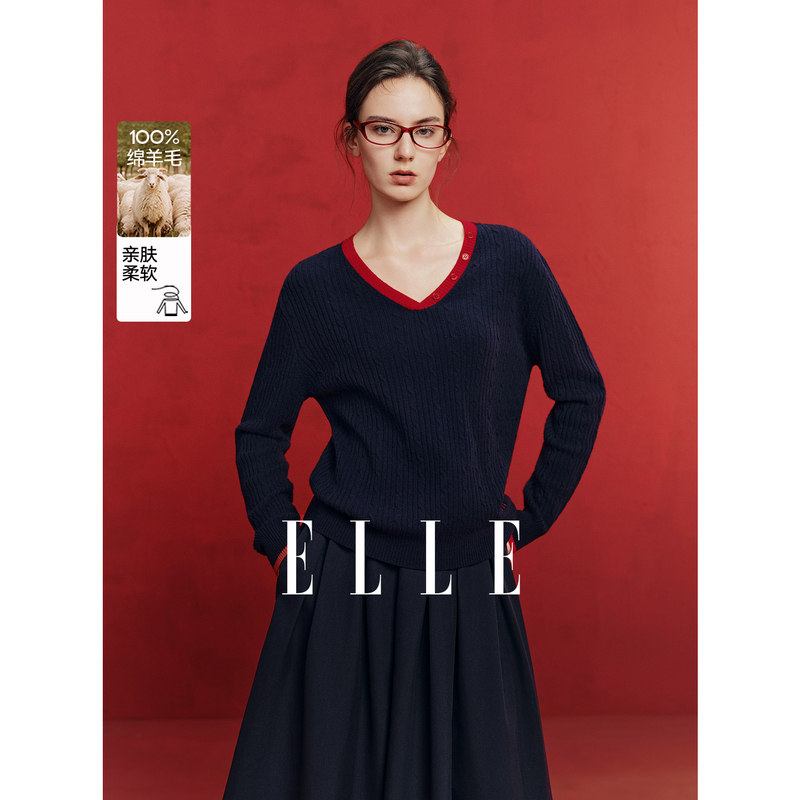 12947407.ELLE【新春翻红】纯绵羊毛衣都市休闲撞色V领针织