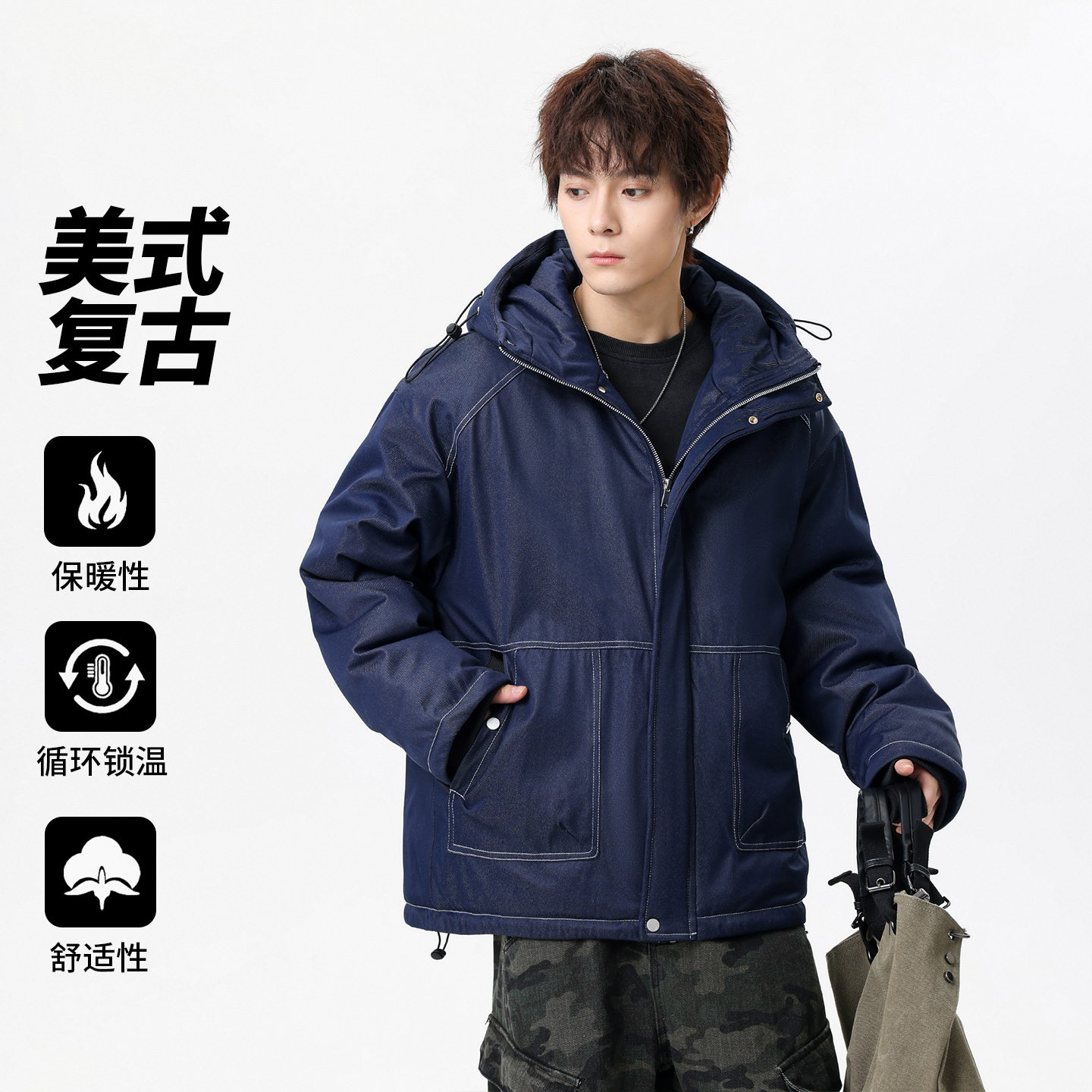 12954054.淘贝鼠秋冬新款男款复古潮牌仿牛仔连帽百搭棉衣【淘贝鼠男装QD】