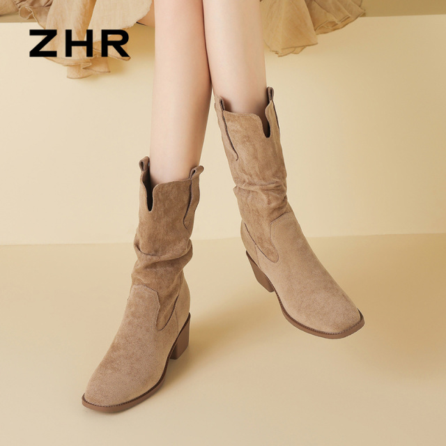 12971397.【ZHR则则】短靴尖头套脚粗跟女鞋[绒布]