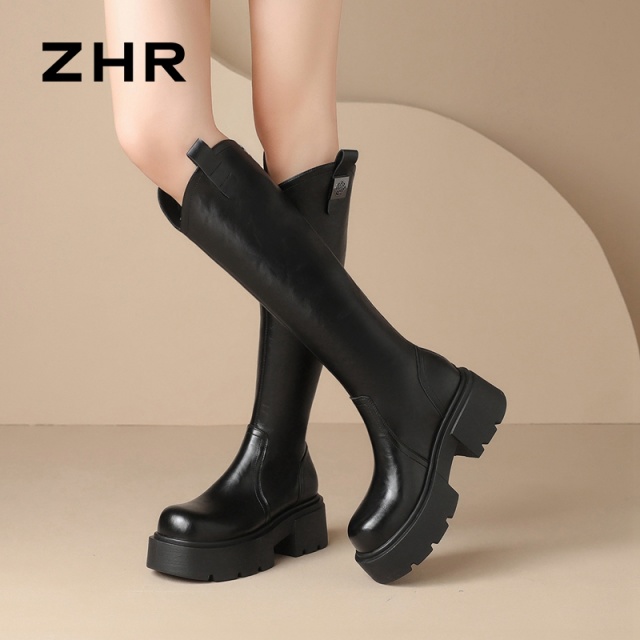 12971434.【ZHR则则】长筒靴圆头后拉链厚底女鞋[PU]
