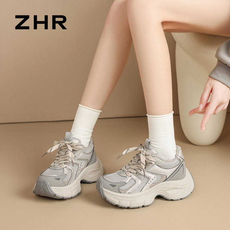 12971823.【ZHR则则】老爹鞋圆头系带厚底女鞋[PU+网布]