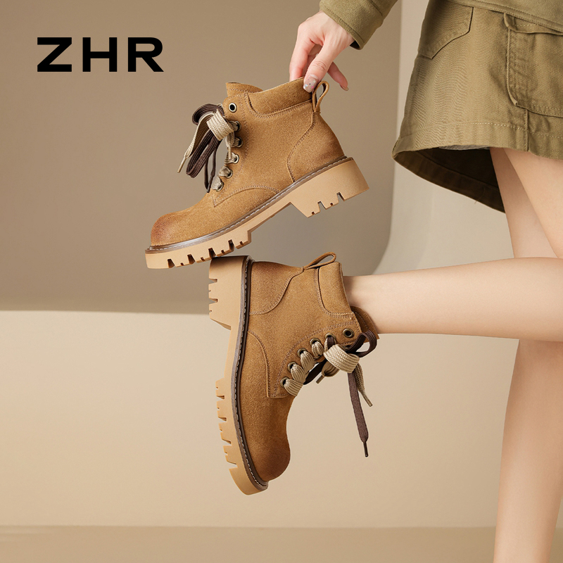 12971390.【ZHR则则】工装靴圆头系带厚底女鞋[牛纤绒]